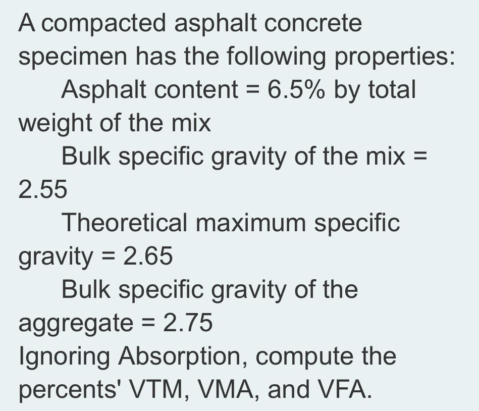 A compacted asphalt concrete
specimen has the following properties:
Asphalt content = 6.5% by total
weight of the mix
Bulk specific gravity of the mix =
%3D
2.55
Theoretical maximum specific
gravity = 2.65
Bulk specific gravity of the
aggregate = 2.75
Ignoring Absorption, compute the
percents' VTM, VMA, and VFA.
