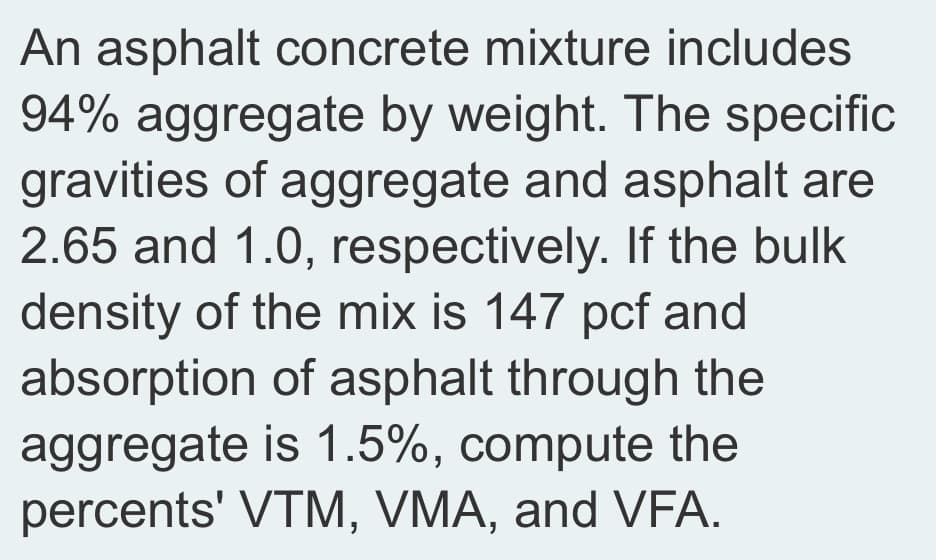 An asphalt concrete mixture includes
94% aggregate by weight. The specific
gravities of aggregate and asphalt are
2.65 and 1.0, respectively. If the bulk
density of the mix is 147 pcf and
absorption of asphalt through the
aggregate is 1.5%, compute the
percents' VTM, VMA, and VFA.
