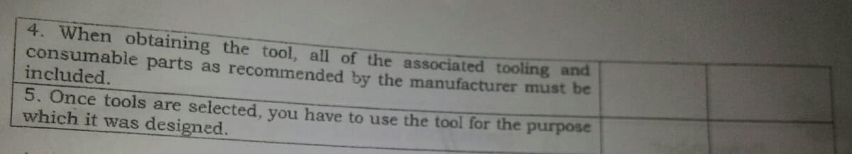 4. When obtaining the tool, all of the associated tooling and
consumable parts as recommended by the manufacturer must be
included.
5. Once tools are selected, you have to use the tool for the purpose
which it was designed.
