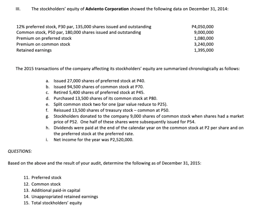 III.
The stockholders' equity of Adviento Corporation showed the following data on December 31, 2014:
12% preferred stock, P30 par, 135,000 shares issued and outstanding
Common stock, P50 par, 180,000 shares issued and outstanding
P4,050,000
9,000,000
Premium on preferred stock
1,080,000
Premium on common stock
3,240,000
Retained earnings
1,395,000
The 2015 transactions of the company affecting its stockholders' equity are summarized chronologically as follows:
a. Issued 27,000 shares of preferred stock at P40.
b.
Issued 94,500 shares of common stock at P70.
c. Retired 5,400 shares of preferred stock at P45.
d. Purchased 13,500 shares of its common stock at P80.
e. Split common stock two for one (par value reduce to P25).
f. Reissued 13,500 shares of treasury stock - common at P50.
g. Stockholders donated to the company 9,000 shares of common stock when shares had a market
price of P52. One half of these shares were subsequently issued for P54.
h.
Dividends were paid at the end of the calendar year on the common stock at P2 per share and on
the preferred stock at the preferred rate.
i.
Net income for the year was P2,520,000.
QUESTIONS:
Based on the above and the result of your audit, determine the following as of December 31, 2015:
11. Preferred stock
12. Common stock
13. Additional paid-in capital
14. Unappropriated retained earnings
15. Total stockholders' equity