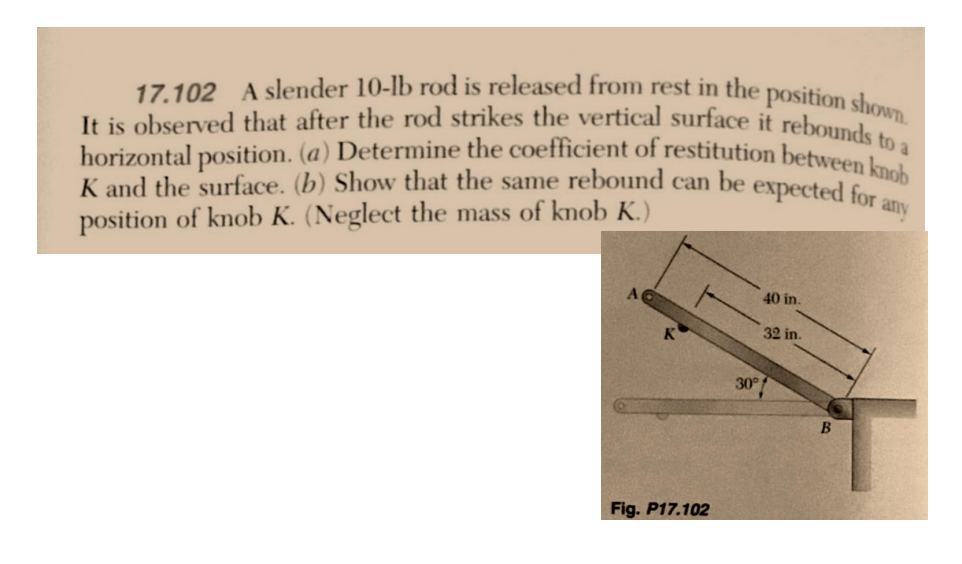 17.102 A slender 10-lb rod is released from rest in the position shown.
It is observed that after the rod strikes the vertical surface it rebounds to a
horizontal position. (a) Determine the coefficient of restitution between knob
K and the surface. (b) Show that the same rebound can be expected for any
position of knob K. (Neglect the mass of knob K.)
Fig. P17.102
30°
40 in.
32 in.
B