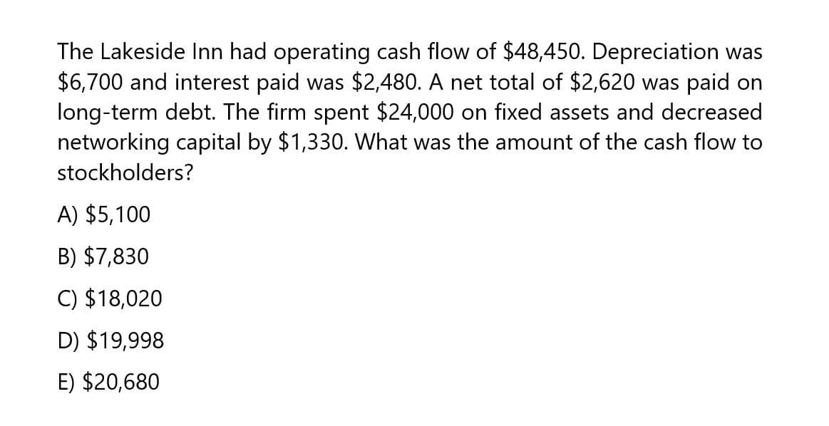 The Lakeside Inn had operating cash flow of $48,450. Depreciation was
$6,700 and interest paid was $2,480. A net total of $2,620 was paid on
long-term debt. The firm spent $24,000 on fixed assets and decreased
networking capital by $1,330. What was the amount of the cash flow to
stockholders?
A) $5,100
B) $7,830
C) $18,020
D) $19,998
E) $20,680