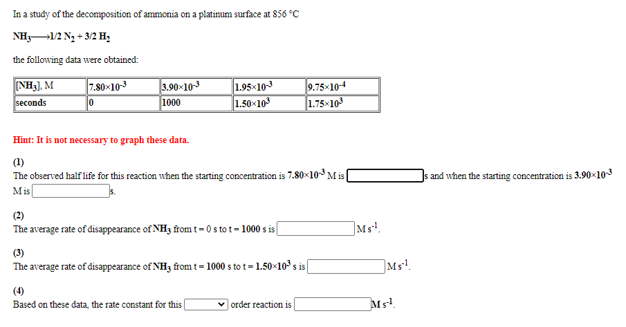 In a study of the decomposition of ammonia on a platinum surface at 856 °C
NH3-1/2 N2 + 3/2 H,
the following data were obtained:
NH3), M
3.90x10-3
1000
1.95x10-3
1.50x103
9.75x10-4
1.75x103
7.80x10-3
seconds
Hint: It is not necessary to graph these data.
(1)
The observed half life for this reaction when the starting concentration is 7.80×10-3 M is|
s and when the starting concentration is 3.90x103
M is
(2)
The average rate of disappearance of NH3 from t= 0 s to t= 1000 s is
Ms!.
(3)
The average rate of disappearance of NH3 from t = 1000 s to t= 1.50×103 s is
]Ms!.
(4)
Based on these data, the rate constant for this
Ms!.
order reaction is
