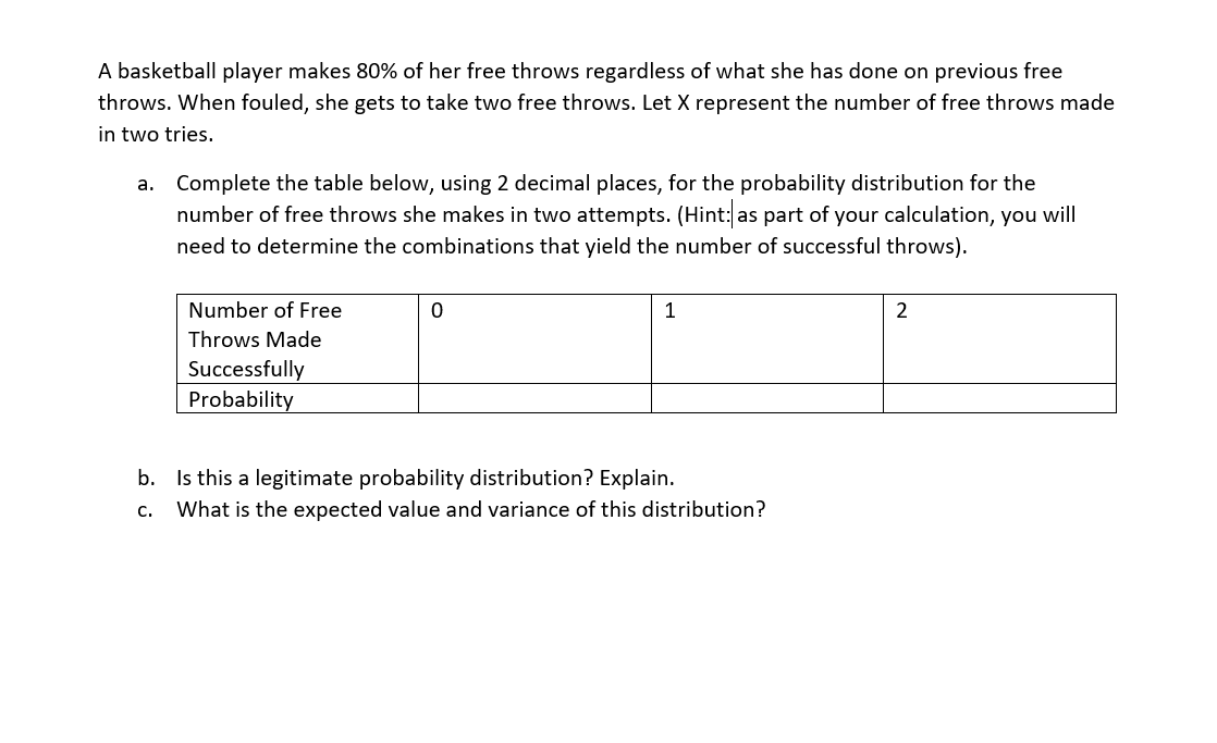 A basketball player makes 80% of her free throws regardless of what she has done on previous free
throws. When fouled, she gets to take two free throws. Let X represent the number of free throws made
in two tries.
a.
Complete the table below, using 2 decimal places, for the probability distribution for the
number of free throws she makes in two attempts. (Hint: as part of your calculation, you will
need to determine the combinations that yield the number of successful throws).
Number of Free
Throws Made
Successfully
Probability
0
1
b. Is this a legitimate probability distribution? Explain.
C. What is the expected value and variance of this distribution?
2