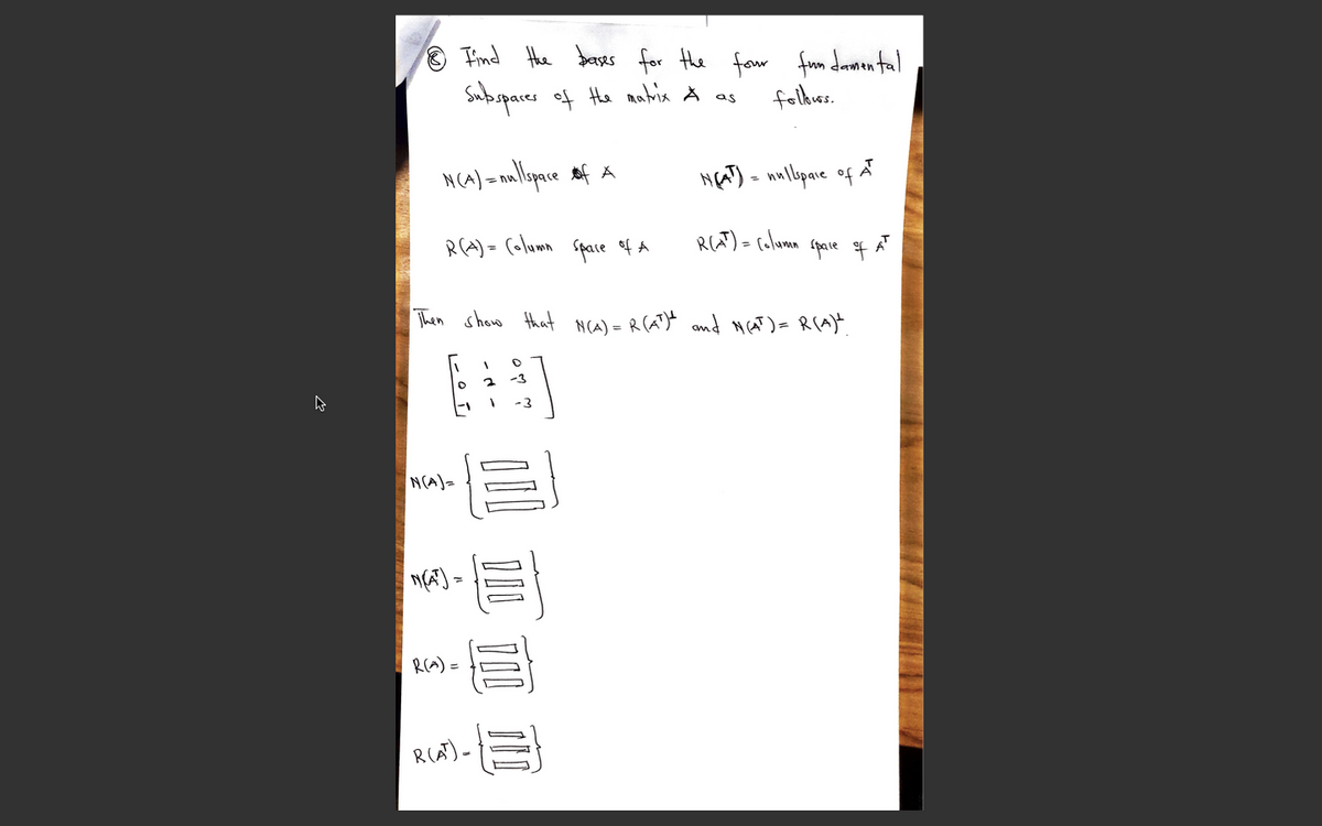 O Tind Hhe beses for the faw fum damen tal
Subspaces of Hhe mohia À as
folhues.
NGa) - nnlbpace of A
R(A) = (olumn space of A
RA) = ralumn
Space of
AT
Then show that NCA) = R (A) amd MAT)= R(A)"
-3
-3
N(A)=
R(A) =
R(A)-
