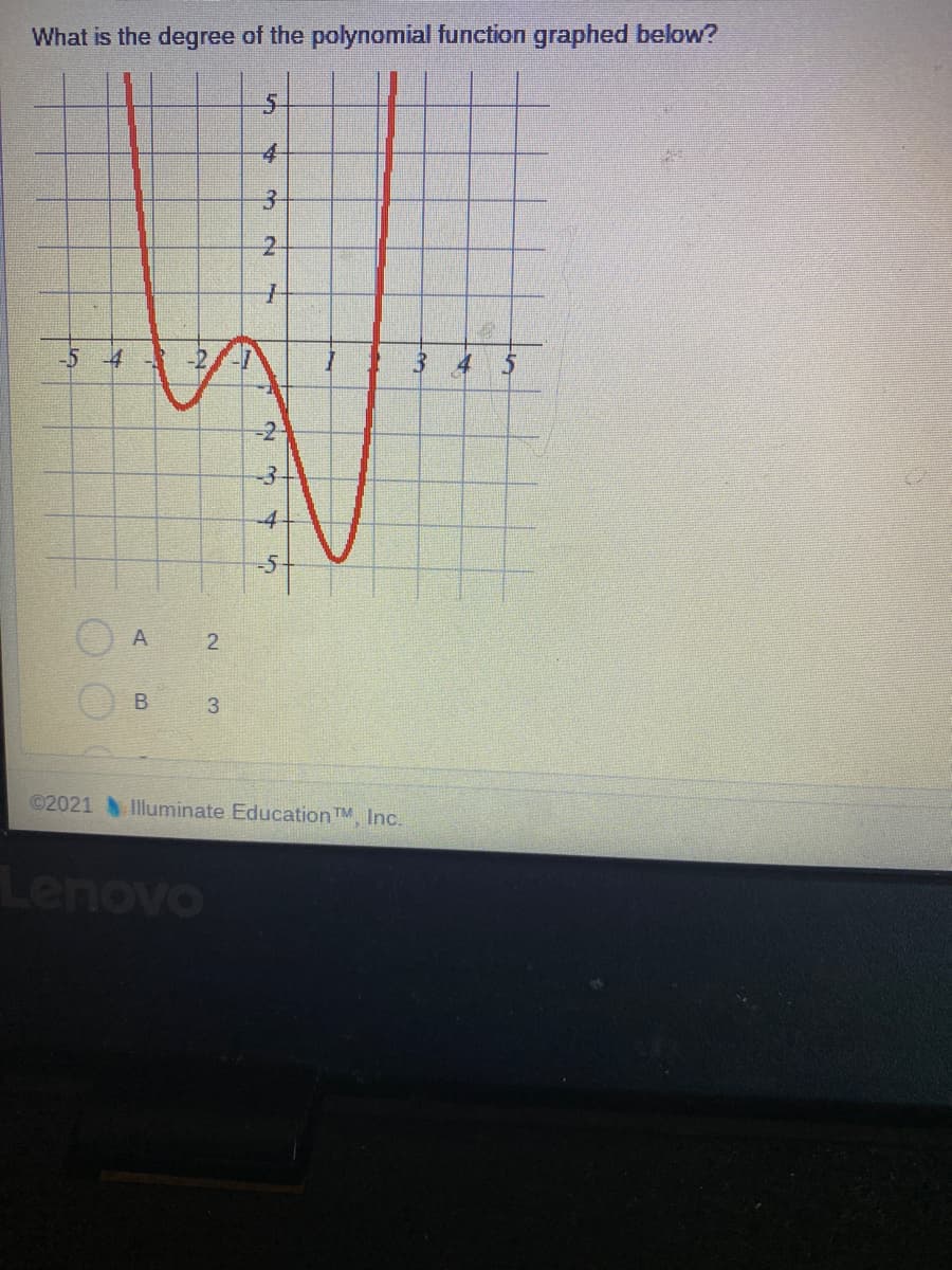 What is the degree of the polynomial function graphed below?
5.
4-
3-
-5
-4
-2.
3.
-2
-3-
-4
-5
A
2.
3
©2021 Illuminate Education TM, Inc.
