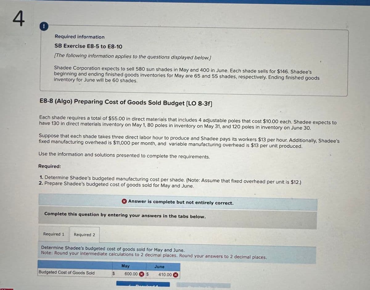 4
Required information
SB Exercise E8-5 to E8-10
[The following information applies to the questions displayed below.]
Shadee Corporation expects to sell 580 sun shades in May and 400 in June. Each shade sells for $146. Shadee's
beginning and ending finished goods inventories for May are 65 and 55 shades, respectively. Ending finished goods
inventory for June will be 60 shades.
E8-8 (Algo) Preparing Cost of Goods Sold Budget [LO 8-3f)
Each shade requires a total of $55.00 in direct materials that includes 4 adjustable poles that cost $10.00 each. Shadee expects to
have 130 in direct materials inventory on May 1, 80 poles in inventory on May 31, and 120 poles in inventory on June 30.
Suppose that each shade takes three direct labor hour to produce and Shadee pays its workers $13 per hour. Additionally, Shadee's
fixed manufacturing overhead is $11,000 per month, and variable manufacturing overhead is $13 per unit produced.
Use the information and solutions presented to complete the requirements.
Required:
1. Determine Shadee's budgeted manufacturing cost per shade. (Note: Assume that fixed overhead per unit is $12.)
2. Prepare Shadee's budgeted cost of goods sold for May and June.
Answer is complete but not entirely correct.
Complete this question by entering your answers in the tabs below.
Required 1
Required 2
Determine Shadee's budgeted cost of goods sold for May and June.
Note: Round your intermediate calculations to 2 decimal places. Round your answers to 2 decimal places.
May
June
Budgeted Cost of Goods Sold
$
600.00 $
410.00