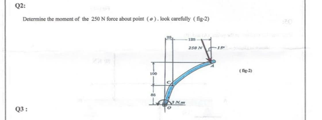 Q2:
Determine the moment of the 250 N force about point (o). look carefully ( fig-2)
20
125
250 N
( fig-2)
100
85
T N.m
Q3 :
