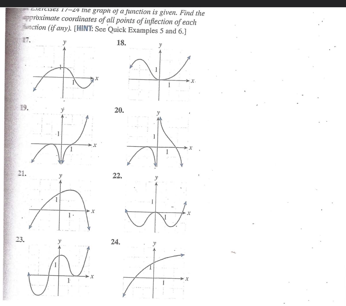 Exercises 17–24 the graph of a function is given. Find the
proximate coordinates of all points of inflection of each
fonction (if any). [HINT: See Quick Examples 5 and 6.]
18.
21.
23.
y
1
V
1
1.
20.
22.
24.
.
y
1
AL X