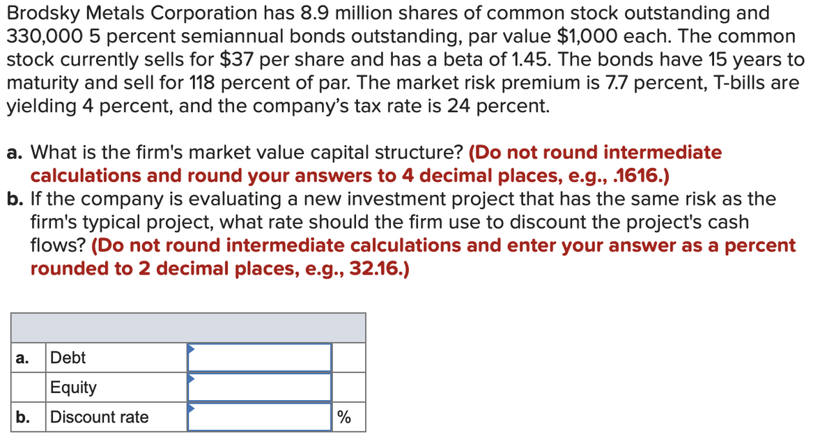 Brodsky Metals Corporation has 8.9 million shares of common stock outstanding and
330,000 5 percent semiannual bonds outstanding, par value $1,000 each. The common
stock currently sells for $37 per share and has a beta of 1.45. The bonds have 15 years to
maturity and sell for 118 percent of par. The market risk premium is 7.7 percent, T-bills are
yielding 4 percent, and the company's tax rate is 24 percent.
a. What is the firm's market value capital structure? (Do not round intermediate
calculations and round your answers to 4 decimal places, e.g., .1616.)
b. If the company is evaluating a new investment project that has the same risk as the
firm's typical project, what rate should the firm use to discount the project's cash
flows? (Do not round intermediate calculations and enter your answer as a percent
rounded to 2 decimal places, e.g., 32.16.)
а.
Debt
Equity
b.
Discount rate
%
