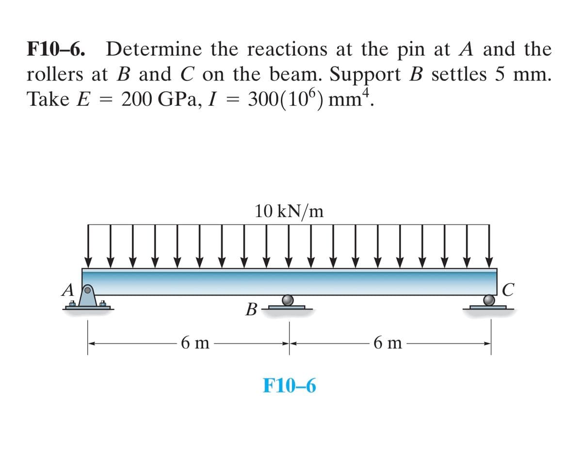 F10-6. Determine the reactions at the pin at A and the
rollers at B and C on the beam. Support B settles 5 mm.
Take E = 200 GPa, I = 300(106) mm².
A
6 m
10 kN/m
B
F10-6
6 m
C