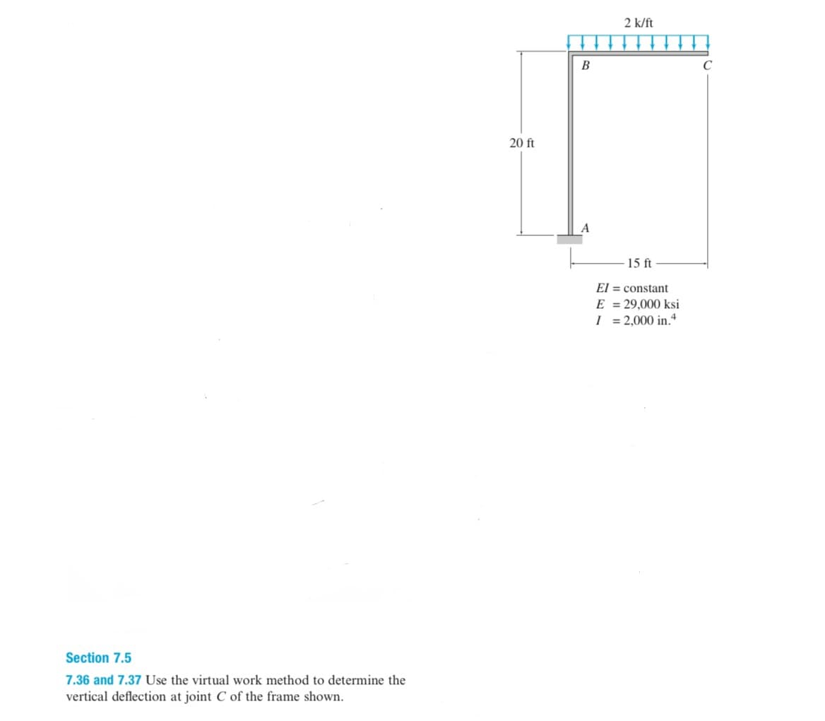 Section 7.5
7.36 and 7.37 Use the virtual work method to determine the
vertical deflection at joint C of the frame shown.
20 ft
B
2 k/ft
15 ft
El
constant
E = 29,000 ksi
I
= 2,000 in.4
C