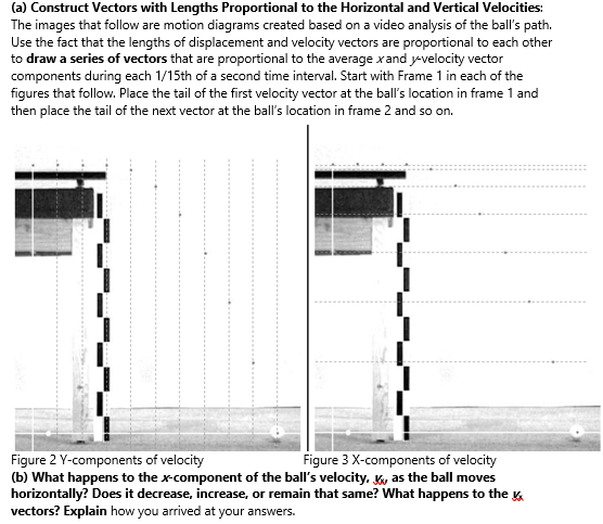 (a) Construct Vectors with Lengths Proportional to the Horizontal and Vertical Velocities:
The images that follow are motion diagrams created based on a video analysis of the ball's path.
Use the fact that the lengths of displacement and velocity vectors are proportional to each other
to draw a series of vectors that are proportional to the average xand y-velocity vector
components during each 1/15th of a second time interval. Start with Frame 1 in each of the
figures that follow. Place the tail of the first velocity vector at the ball's location in frame 1 and
then place the tail of the next vector at the ball's location in frame 2 and so on.
Figure 2 Y-components of velocity
(b) What happens to the x-component of the ball's velocity, Ky as the ball moves
horizontally? Does it decrease, increase, or remain that same? What happens to the
vectors? Explain how you arrived at your answers.
Figure 3 X-components of velocity
