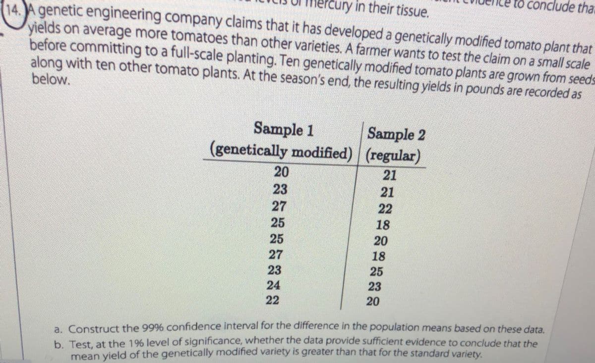 rcury in their tissue.
to conclude tha
14. A genetic engineering company claims that it has developed a genetically modified tomato plant that
yields on average more tomatoes than other varieties. A farmer wants to test the claim on a small scale
before committing to a full-scale planting. Ten genetically modified tomato plants are grown from seeds
along with ten other tomato plants. At the season's end, the resulting yields in pounds are recorded as
below.
Sample 1
(genetically modified) (regular)
Sample 2
20
21
23
21
27
22
25
18
25
20
27
18
23
25
24
23
22
20
a. Construct the 99% confidence interval for the difference in the population means based on these data.
b. Test, at the 1% level of significance, whether the data provide sufficient evidence to conclude that the
mean yield of the genetically modified variety is greater than that for the standard variety.
