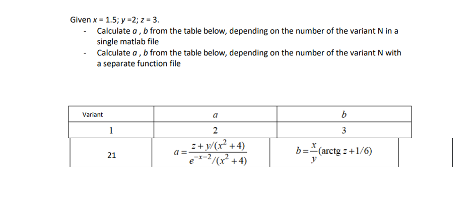 Given x = 1.5; y =2; z = 3.
Calculate a, b from the table below, depending on the number of the variant N in a
single matlab file
Calculate a, b from the table below, depending on the number of the variant N with
a separate function file
Variant
1
21
a=
a
2
z+y/(x²+4)
e-x-2/(x²+4)
b
3
b= (arctgz+1/6)
y