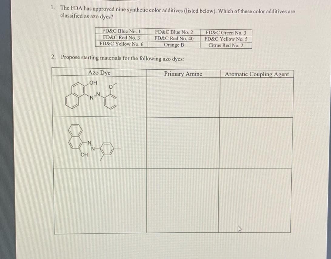 1. The FDA has approved nine synthetic color additives (listed below). Which of these color additives are
classified as azo dyes?
FD&C Blue No. 1
FD&C Bluc No. 2
FD&C Green No. 3
FD&C Red No. 3
FD&C Red No. 40
FD&C Yellow No. 5
Citrus Red No. 2
FD&C Yellow No. 6
Orange B
2. Propose starting materials for the following azo dyes:
Azo Dye
Primary Amine
Aromatic Coupling Agent
OH
