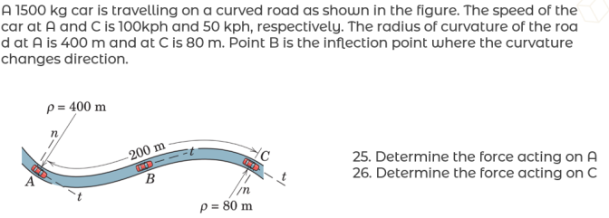 A 1500 kg car is travelling on a curved road as shown in the figure. The speed of the
car at A and C is 100kph and 50 kph, respectively. The radius of curvature of the roa
d at A is 400 m and at C is 80 m. Point B is the inflection point where the curvature
changes direction.
p = 400 m
-200 m
25. Determine the force acting on A
26. Determine the force acting on C
B
p = 80 m
