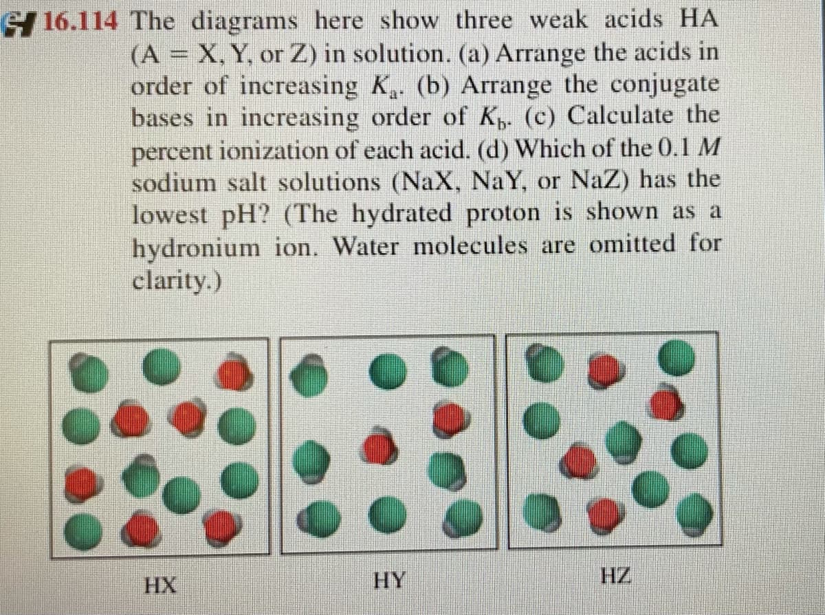 G 16.114 The diagrams here show three weak acids HA
(A = X, Y, or Z) in solution. (a) Arrange the acids in
order of increasing K. (b) Arrange the conjugate
bases in increasing order of K. (c) Calculate the
percent ionization of each acid. (d) Which of the 0.1 M
sodium salt solutions (NaX, NaY, or NaZ) has the
lowest pH? (The hydrated proton is shown as a
hydronium ion. Water molecules are omitted for
elarity.)
HX
HY
HZ
