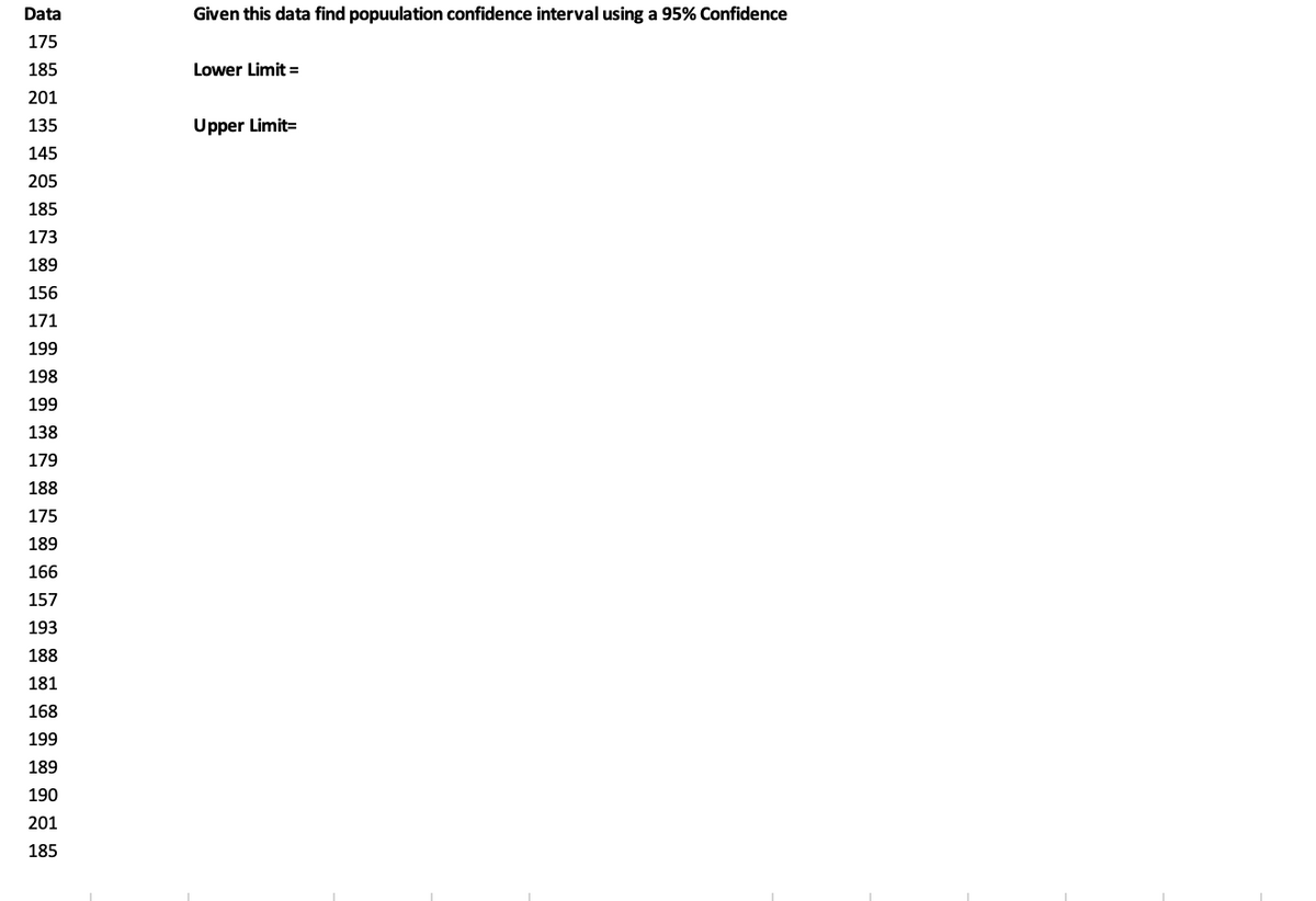 Data
Given this data find popuulation confidence interval using a 95% Confidence
175
185
Lower Limit =
201
135
Upper Limit=
145
205
185
173
189
156
171
199
198
199
138
179
188
175
189
166
157
193
188
181
168
199
189
190
201
185
