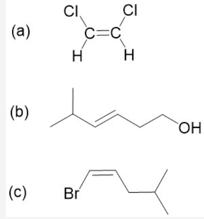 ### Explanation of Organic Molecule Structures

The image contains the structural formulas of three different organic molecules labeled (a), (b), and (c). Below is a detailed description of each structure:

#### Structure (a)
- **Molecule**: 1,2-Dichloroethene
- **Chemical Formula**: C2H2Cl2
- **Structure Explanation**:
  This molecule consists of a carbon-carbon double bond (C=C). Each carbon atom of the double bond is bonded to one hydrogen atom (H) and one chlorine atom (Cl).

#### Structure (b)
- **Molecule**: 5-Hexen-1-ol
- **Chemical Formula**: C6H12O
- **Structure Explanation**:
  This molecule has a six-carbon chain with a double bond between the second and third carbon atoms. At the end of the carbon chain, the first carbon is bonded to a hydroxyl group (OH) indicating an alcohol. The carbon atoms are arranged as follows:
  - The first carbon has the -OH group.
  - The second carbon has a single bond to the first carbon and a double bond to the third carbon.
  - The third to sixth carbons end in a chain, with the terminal carbons having hydrogen atoms to satisfy their valency.

#### Structure (c)
- **Molecule**: 3-Bromo-2-methyl-1-butene
- **Chemical Formula**: C5H9Br
- **Structure Explanation**:
  This molecule contains a five-carbon chain with various functional groups:
  - The first carbon is connected to a double bond with the second carbon and has two hydrogen atoms.
  - The second carbon has a single bond to the first carbon and a double bond to the third, with a bromine (Br) atom bonded to it.
  - The third carbon connects to the fourth carbon in a single bond and is further bonded to a CH3 (methyl) group.
  - The fourth and fifth carbons form the end of the chain, with the fourth carbon bonded to the third, fourth, and fifth carbons, satisfying valency with hydrogen atoms.

These structures represent common types of organic compounds, including alkenes, alcohols, and halogenated hydrocarbons, fundamental in organic chemistry studies.