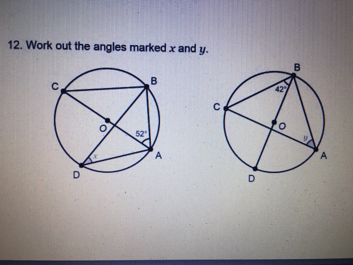 12. Work out the angles marked x and y.
B
42
C
52"
A
D.
D.
