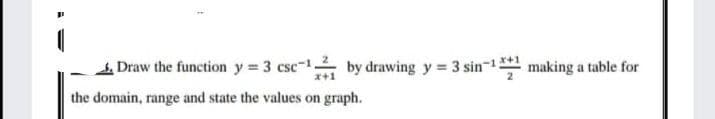 Draw the function y 3 csc-1.
by drawing y = 3 sin-1 making a table for
the domain, range and state the values on graph.
