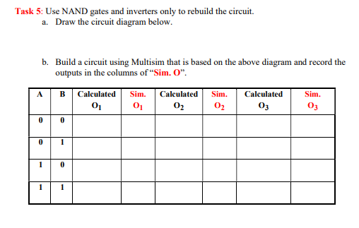 Task 5: Use NAND gates and inverters only to rebuild the circuit.
a. Draw the circuit diagram below.
b. Build a circuit using Multisim that is based on the above diagram and record the
outputs in the columns of "Sim. O".
A
0
0
1
1
B
0
1
0
1
Calculated Sim.
0₁
0₁
Calculated
0₂
Sim.
0₂
Calculated
03
Sim.
03