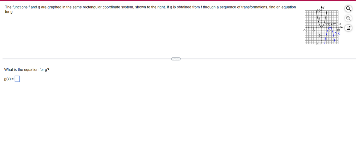 The functions f and g are graphed in the same rectangular coordinate system, shown to the right. If g is obtained from f through a sequence of transformations, find an equation
for g.
What is the equation for g?
g(x) =
Ay