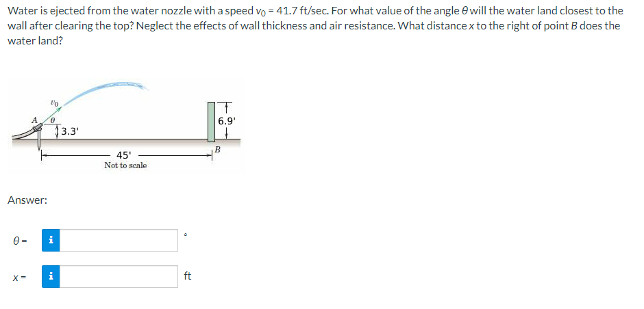 Water is ejected from the water nozzle with a speed vo = 41.7 ft/sec. For what value of the angle will the water land closest to the
wall after clearing the top? Neglect the effects of wall thickness and air resistance. What distance x to the right of point B does the
water land?
Answer:
0 =
A
X=
10
8
13.3'
i
i
45'
Not to scale
ft
6.9'
B