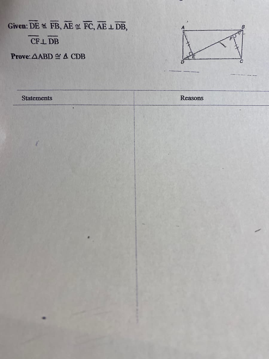 Given: DE FB, AE FC, AE 1 DB,
CFL DB
Prove:AABD A CDB
Statements
Reasons
