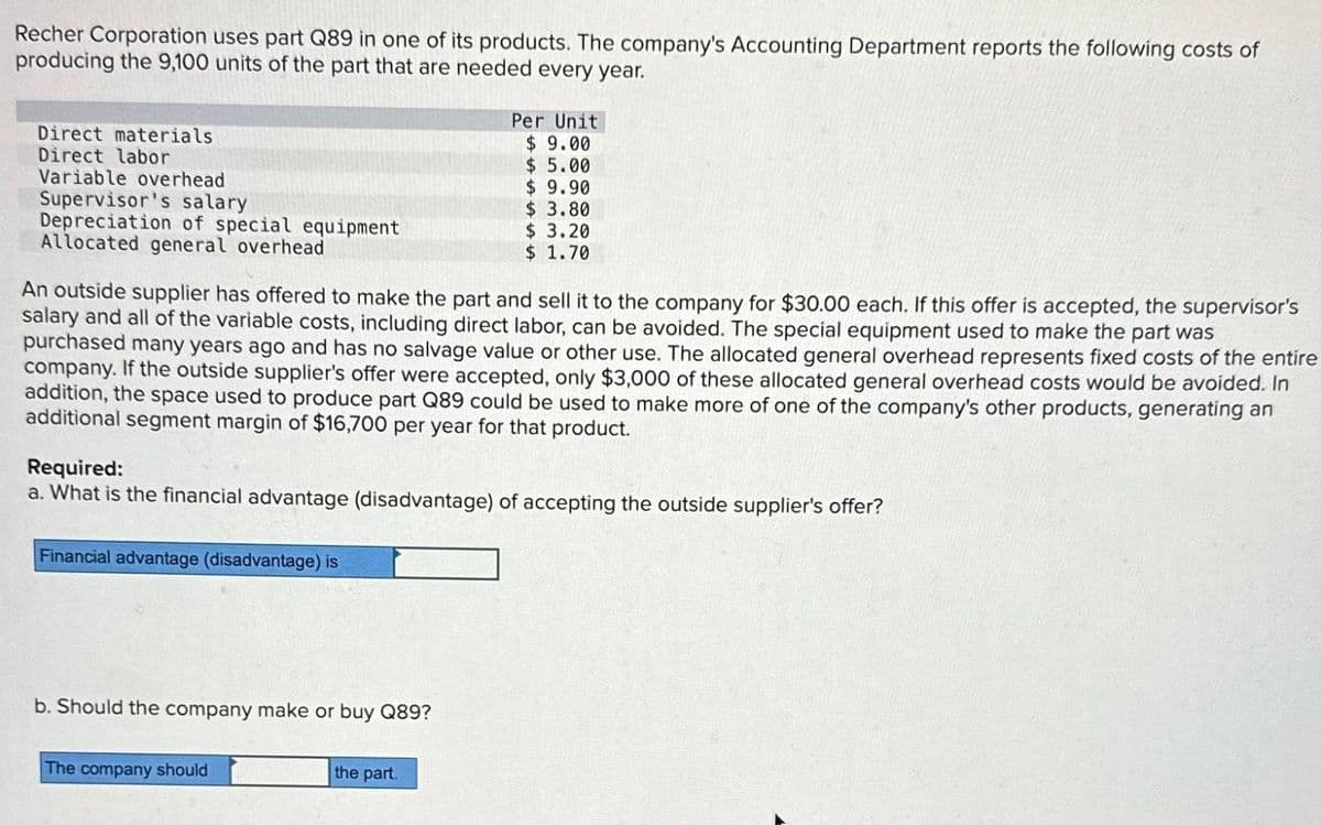 Recher Corporation uses part Q89 in one of its products. The company's Accounting Department reports the following costs of
producing the 9,100 units of the part that are needed every year.
Direct materials
Direct labor
Variable overhead
Supervisor's salary
Depreciation of special equipment
Allocated general overhead
An outside supplier has offered to make the part and sell it to the company for $30.00 each. If this offer is accepted, the supervisor's
salary and all of the variable costs, including direct labor, can be avoided. The special equipment used to make the part was
purchased many years ago and has no salvage value or other use. The allocated general overhead represents fixed costs of the entire
company. If the outside supplier's offer were accepted, only $3,000 of these allocated general overhead costs would be avoided. In
addition, the space used to produce part Q89 could be used to make more of one of the company's other products, generating an
additional segment margin of $16,700 per year for that product.
Required:
a. What is the financial advantage (disadvantage) of accepting the outside supplier's offer?
Financial advantage (disadvantage) is
b. Should the company make or buy Q89?
Per Unit
$9.00
$5.00
$9.90
$ 3.80
$3.20
$ 1.70
The company should
the part.