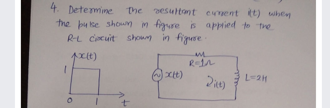 the sesultant cument (t) when
4. Detemine
the bu lse shoun in figure is applied to tne
RL Ciacuit shoun in figure.
R=1N
L=2H
2it)
