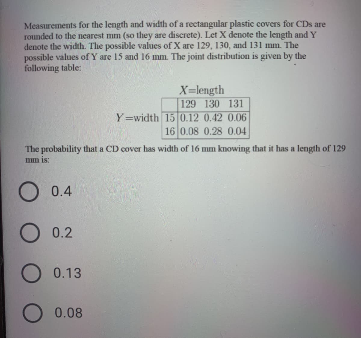 Measurements for the length and width of a rectangular plastic covers for CDs are
rounded to the nearest mm (so they are discrete). Let X denote the length and Y
denote the width. The possible values of X are 129, 130, and 131 mm. The
possible values of Y are 15 and 16 mm. The joint distribution is given by the
following table:
X=length
129 130 131
Y=width 15 0.12 0.42 0.06
16 0.08 0.28 0.04
The probability that a CD cover has width of 16 mm knowing that it has a length of 129
mm is:
0.4
0.2
0.13
0.08
