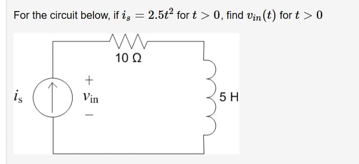 0, find vin (t) for t > 0
2.5t2 for t
For the circuit below, if ig
10 Q
+
5 H
is
Vin
