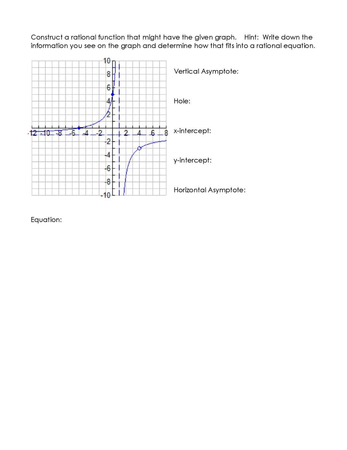 Construct a rational function that might have the given graph. Hint: Write down the
information you see on the graph and determine how that fits into a rational equation.
10
Vertical Asymptote:
4/-
Hole:
12
8 x-intercept:
+246
-2-
-12108-6 -4-2
y-intercept:
-6
Horizontal Asymptote:
10
Equation:
4.
8.
