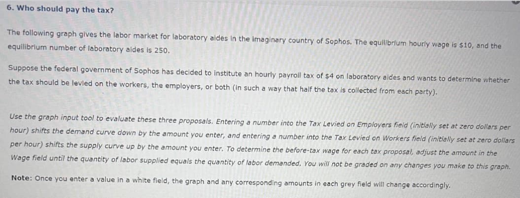 6. Who should pay the tax?
The following graph gives the labor market for laboratory aides in the imaginary country of Sophos. The equilibrium hourly wage is $10, and the
equilibrium number of laboratory aides is 250.
Suppose the federal government of Sophos has decided to institute an hourly payroll tax of $4 on laboratory aides and wants to determine whether
the tax should be levied on the workers, the employers, or both (in such a way that half the tax is collected from each party).
Use the graph input tool to evaluate these three proposals. Entering a number into the Tax Levied on Employers field (initially set at zero dollars per
hour) shifts the demand curve down by the amount you enter, and entering a number into the Tax Levied on Workers field (initially set at zero dollars
per hour) shifts the supply curve up by the amount you enter. To determine the before-tax wage for each tax proposal, adjust the amount in the
Wage field until the quantity of labor supplied equals the quantity of labor demanded. You will not be graded on any changes you make to this graph.
Note: Once you enter a value in a white field, the graph and any corresponding amounts in each grey field will change accordingly.