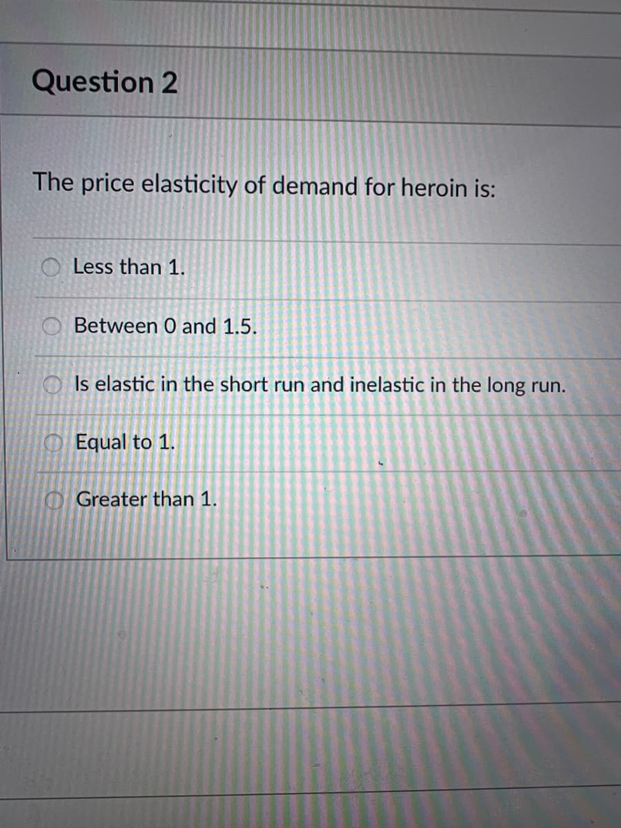 Question 2
The price elasticity of demand for heroin is:
O Less than 1.
O Between 0 and 1.5.
O Is elastic in the short run and inelastic in the long run.
O Equal to 1.
O Greater than 1.
