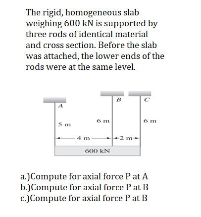 The rigid, homogeneous slab
weighing 600 kN is supported by
three rods of identical material
and cross section. Before the slab
was attached, the lower ends of the
rods were at the same level.
A
5 m
4 m
6 m
600 KN
B
-2 m-
с
6 m
a.)Compute for axial force P at A
b.)Compute for axial force P at B
c.)Compute for axial force P at B