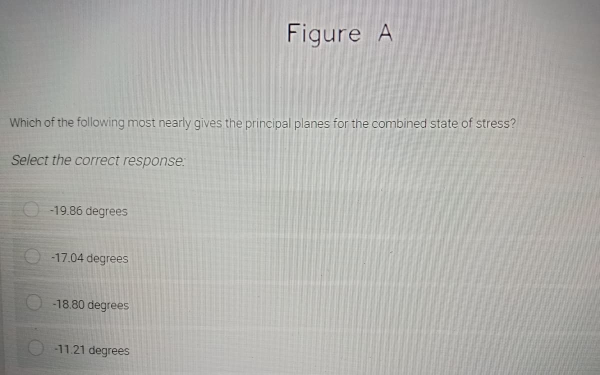 Which of the following most nearly gives the principal planes for the combined state of stress?
Select the correct response:
-19.86 degrees
-17.04 degrees
-18.80 degrees
Figure A
-11.21 degrees