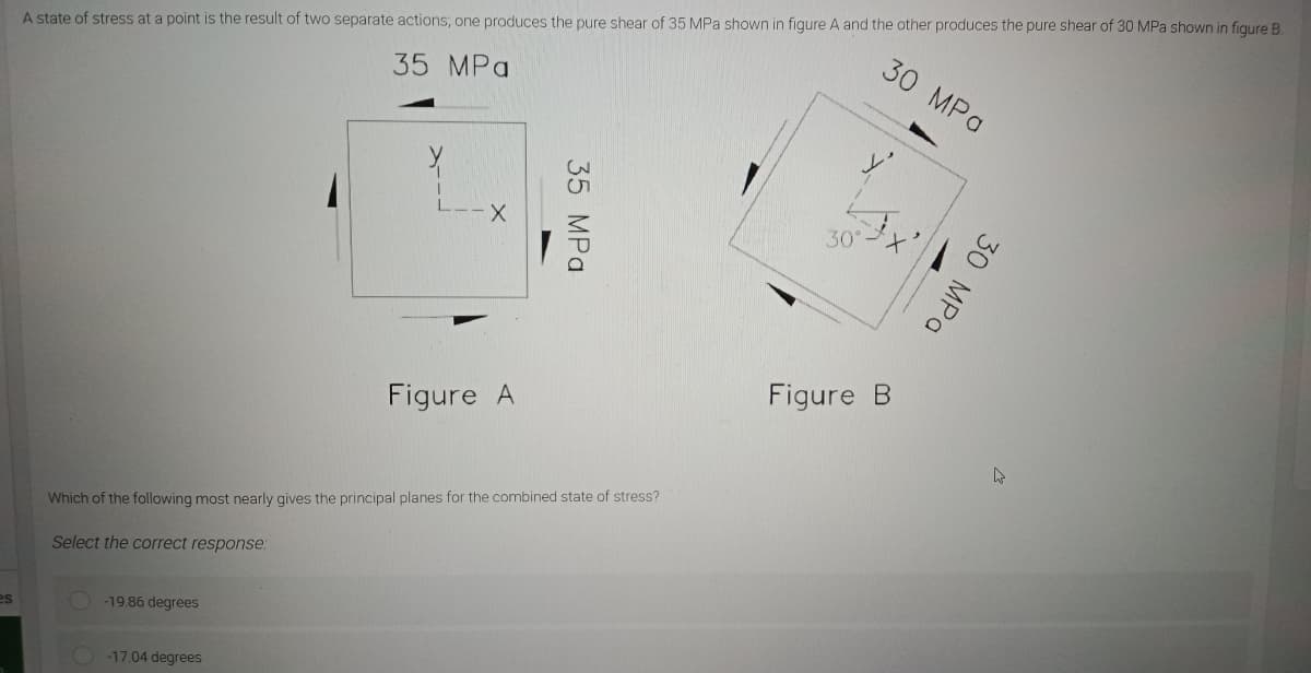 es
A state of stress at a point is the result of two separate actions; one produces the pure shear of 35 MPa shown in figure A and the other produces the pure shear of 30 MPa shown in figure B.
35 MPa
-19.86 degrees
Y
-17.04 degrees
-X
Figure A
Which of the following most nearly gives the principal planes for the combined state of stress?
Select the correct response:
35 MPa
30°
Figure B
30 MPa
30 MPa
4