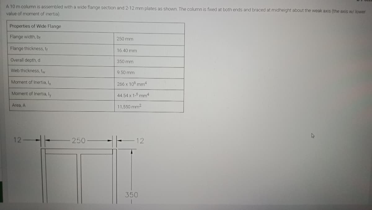 A 10 m column is assembled with a wide flange section and 2-12 mm plates as shown. The column is fixed at both ends and braced at midheight about the weak axis (the axis w/ lower
value of moment of inertia).
Properties of Wide Flange
Flange width, bf
Flange thickness, tf
Overall depth, d
Web thickness, tw
Moment of Inertia, Ix
Moment of Inertia, ly
Area, A
12
250
250 mm
16.40 mm
350 mm
9.50 mm
266 x 106 mm4
44.54 x 1-6 mm4
11,550 mm²
12
350