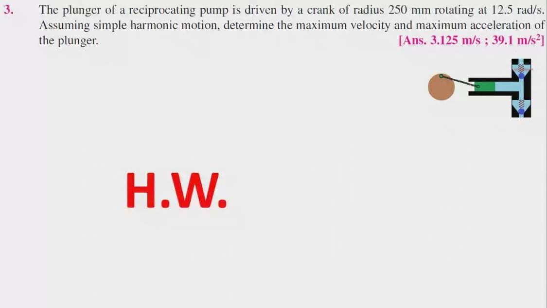 The plunger of a reciprocating pump is driven by a crank of radius 250 mm rotating at 12.5 rad/s.
Assuming simple harmonic motion, determine the maximum velocity and maximum acceleration of
the plunger.
3.
[Ans. 3.125 m/s; 39.1 m/s2]
H.W.
