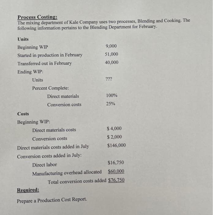 Process Costing:
The mixing department of Kale Company uses two processes, Blending and Cooking. The
following information pertains to the Blending Department for February.
Units
Beginning WIP
Started in production in February
Transferred out in February
Ending WIP:
Units
Percent Complete:
Direct materials
Conversion costs
Costs
Beginning WIP:
Direct materials costs
Conversion costs
Direct materials costs added in July
Conversion costs added in July:
Direct labor
Manufacturing overhead allocated
9,000
51,000
40,000
Required:
Prepare a Production Cost Report.
???
100%
25%
$16,750
$60,000
Total conversion costs added $76,750
$ 4,000
$2,000
$146,000