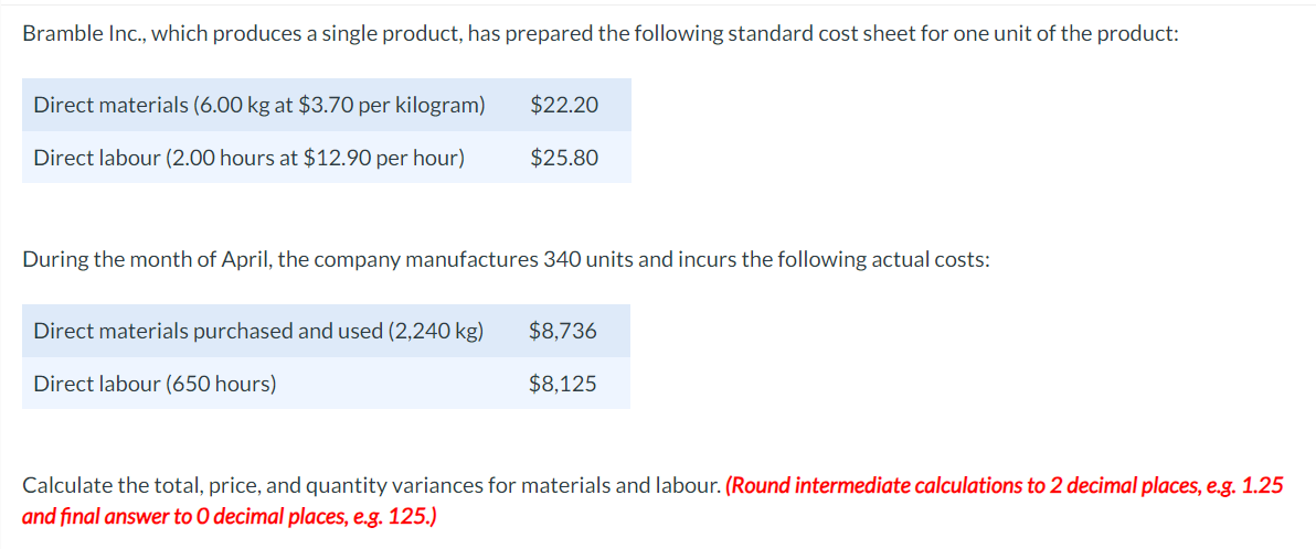 Bramble Inc., which produces a single product, has prepared the following standard cost sheet for one unit of the product:
Direct materials (6.00 kg at $3.70 per kilogram)
Direct labour (2.00 hours at $12.90 per hour)
$22.20
Direct materials purchased and used (2,240 kg)
Direct labour (650 hours)
$25.80
During the month of April, the company manufactures 340 units and incurs the following actual costs:
$8,736
$8,125
Calculate the total, price, and quantity variances for materials and labour. (Round intermediate calculations to 2 decimal places, e.g. 1.25
and final answer to O decimal places, e.g. 125.)