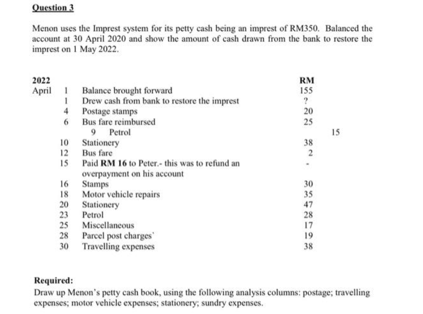 Question 3
Menon uses the Imprest system for its petty cash being an imprest of RM350. Balanced the
account at 30 April 2020 and show the amount of cash drawn from the bank to restore the
imprest on 1 May 2022.
2022
April 1 Balance brought forward
1
4
6
10
12
15
Drew cash from bank to restore the imprest
Postage stamps
Bus fare reimbursed
9
Petrol
Stationery
Bus fare
Paid RM 16 to Peter.- this was to refund an
overpayment on his account
16
Stamps
18 Motor vehicle repairs
20
Stationery
23
Petrol
25
Miscellaneous
28
Parcel post charges'
30 Travelling expenses
RM
155
?
20
25
38
2
.
30
35
47
28
17
19
38
15
Required:
Draw up Menon's petty cash book, using the following analysis columns: postage; travelling
expenses; motor vehicle expenses; stationery; sundry expenses.