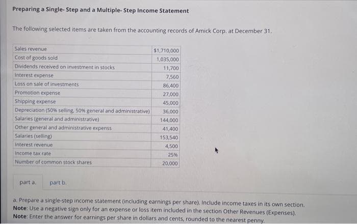 Preparing a Single- Step and a Multiple-Step Income Statement
The following selected items are taken from the accounting records of Amick Corp. at December 31.
Sales revenue
Cost of goods sold
Dividends received on investment in stocks
Interest expense
Loss on sale of investments
Promotion expense
Shipping expense
Depreciation (50% selling, 50% general and administrative)
Salaries (general and administrative)
Other general and administrative expenss
Salaries (selling)
Interest revenue
Income tax rate
Number of common stock shares
part a. part b..
$1,710,000
1,035,000
11,700
7,560
86,400
27,000
45,000
36,000
144,000
41,400
153,540
4,500
25%
20,000
a. Prepare a single-step income statement (including earnings per share). Include income taxes in its own section.
Note: Use a negative sign only for an expense or loss item included in the section Other Revenues (Expenses).
Note: Enter the answer for earnings per share in dollars and cents, rounded to the nearest penny.