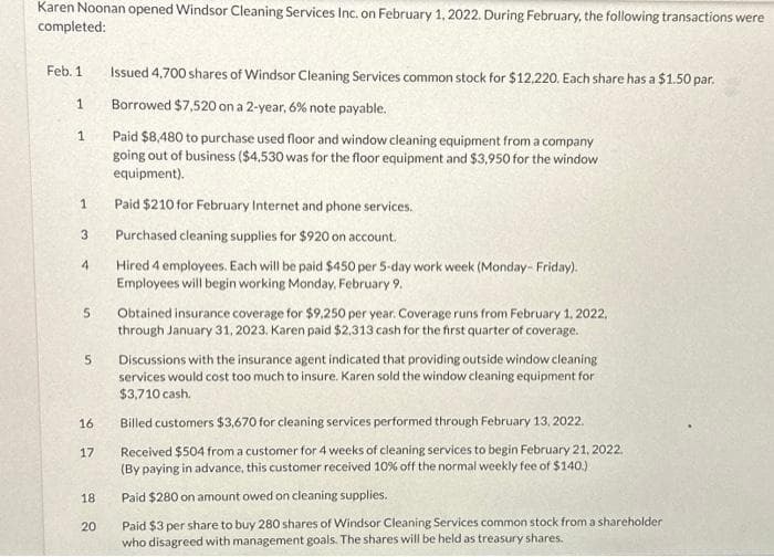 Karen Noonan opened Windsor Cleaning Services Inc. on February 1, 2022. During February, the following transactions were
completed:
Feb. 1
1
1
1
3
4
5
5
16
17
18
20
Issued 4,700 shares of Windsor Cleaning Services common stock for $12,220. Each share has a $1.50 par.
Borrowed $7,520 on a 2-year, 6% note payable.
Paid $8,480 to purchase used floor and window cleaning equipment from a company
going out of business ($4,530 was for the floor equipment and $3,950 for the window
equipment).
Paid $210 for February Internet and phone services.
Purchased cleaning supplies for $920 on account.
Hired 4 employees. Each will be paid $450 per 5-day work week (Monday-Friday).
Employees will begin working Monday, February 9.
Obtained insurance coverage for $9,250 per year. Coverage runs from February 1, 2022.
through January 31, 2023. Karen paid $2,313 cash for the first quarter of coverage.
Discussions with the insurance agent indicated that providing outside window cleaning
services would cost too much to insure. Karen sold the window cleaning equipment for
$3,710 cash.
Billed customers $3,670 for cleaning services performed through February 13, 2022.
Received $504 from a customer for 4 weeks of cleaning services to begin February 21, 2022.
(By paying in advance, this customer received 10% off the normal weekly fee of $140.).
Paid $280 on amount owed on cleaning supplies.
Paid $3 per share to buy 280 shares of Windsor Cleaning Services common stock from a shareholder
who disagreed with management goals. The shares will be held as treasury shares.