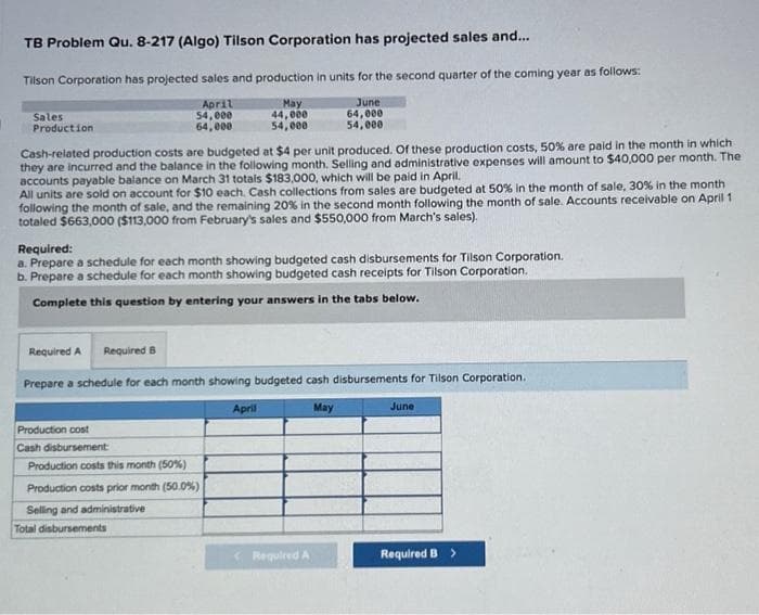 TB Problem Qu. 8-217 (Algo) Tilson Corporation has projected sales and...
Tilson Corporation has projected sales and production in units for the second quarter of the coming year as follows:
April
June
54,000
64,000
64,000
54,000
Sales
Production
Cash-related production costs are budgeted at $4 per unit produced. Of these production costs, 50% are paid in the month in which
they are incurred and the balance in the following month. Selling and administrative expenses will amount to $40,000 per month. The
accounts payable balance on March 31 totals $183,000, which will be paid in April.
All units are sold on account for $10 each. Cash collections from sales are budgeted at 50% in the month of sale, 30% in the month
following the month of sale, and the remaining 20% in the second month following the month of sale. Accounts receivable on April 1
totaled $663,000 ($113,000 from February's sales and $550,000 from March's sales).
Required:
a. Prepare a schedule for each month showing budgeted cash disbursements for Tilson Corporation.
b. Prepare a schedule for each month showing budgeted cash receipts for Tilson Corporation.
Complete this question by entering your answers in the tabs below.
Required A Required B
Prepare a schedule for each month showing budgeted cash disbursements for Tilson Corporation.
May
Production cost
Cash disbursement:
May
44,000
54,000
Production costs this month (50%)
Production costs prior month (50.0%)
Selling and administrative
Total disbursements
April
Required A
June
Required B >