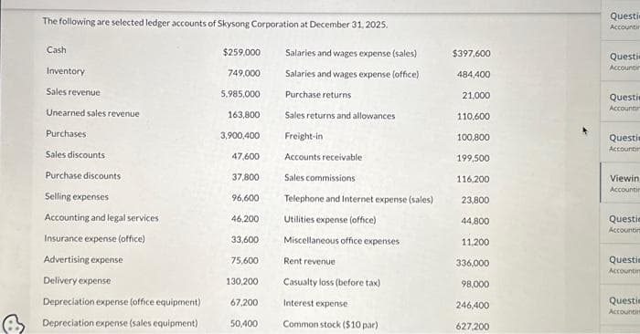 The following are selected ledger accounts of Skysong Corporation at December 31, 2025.
Salaries and wages expense (sales)
Salaries and wages expense (office)
Purchase returns
Sales returns and allowances
Cash
Inventory
Sales revenue
Unearned sales revenue
Purchases
Sales discounts
Purchase discounts
Selling expenses
Accounting and legal services
Insurance expense (office)
Advertising expense
Delivery expense
Depreciation expense (office equipment)
Depreciation expense (sales equipment)
$259,000
749,000
5,985,000
163,800
3,900,400
47,600
37,800
96,600
46,200
33,600
75,600
130,200
67,200
50,400
Freight-in
Accounts receivable
Sales commissions
Telephone and Internet expense (sales)
Utilities expense (office)
Miscellaneous office expenses
Rent revenue
Casualty loss (before tax)
Interest expense
Common stock ($10 par)
$397,600
484,400
21,000
110,600
100,800
199,500
116,200
23,800
44,800
11,200
336,000
98,000
246,400
627,200
Questi
Accountin
Questi
Accountin
Questie
Accountin
Questi
Accountin
Viewin
Accountin
Questio
Accountin
Questio
Accountin
Questie
Accountin