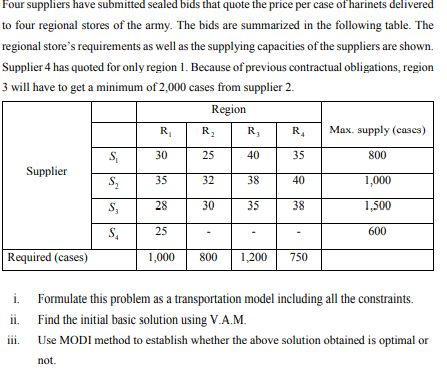 Four suppliers have submitted sealed bids that quote the price per case of harinets delivered
to four regional stores of the army. The bids are summarized in the following table. The
regional store's requirements as well as the supplying capacities of the suppliers are shown.
Supplier 4 has quoted for only region 1. Because of previous contractual obligations, region
3 will have to get a minimum of 2,000 cases from supplier 2.
Region
R₁
R₂
R₁ R4
Max. supply (cases)
30
25
S₁
40
35
800
Supplier
35
32
38
S₂
40
1,000
S₂
28
30
35
38
1,500
S₁
25
600
Required (cases)
1,000
800 1,200 750
i.
Formulate this problem as a transportation model including all the constraints.
Find the initial basic solution using V.A.M.
ii.
iii.
Use MODI method to establish whether the above solution obtained is optimal or
not.